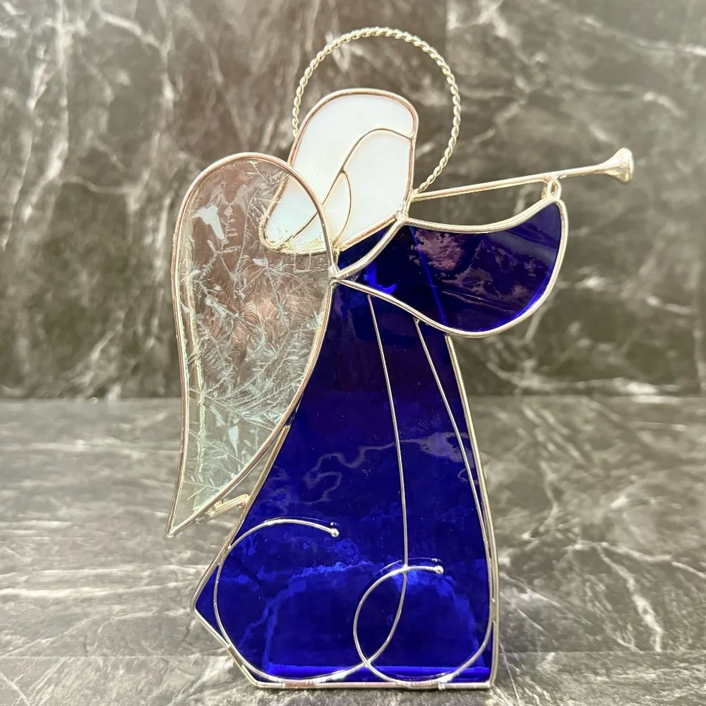 Stained Glass Angel Playing Horn Tea Light Candle Holder